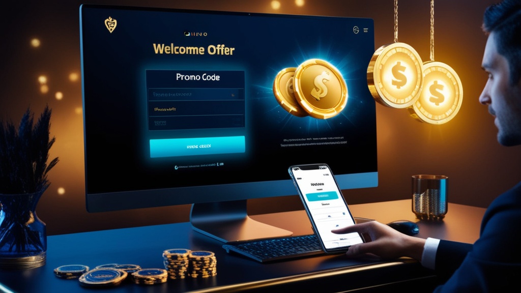 Pantalla de casino con un campo de código promocional y un bono destacado